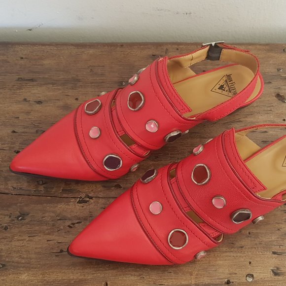 John Fluevog Shoes - Fluevog "Serena", sz 11, fits 10, Red leather studded slingback pointed toe